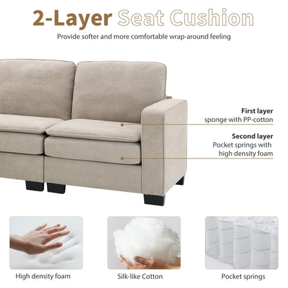 Divano componibile a L in velluto beige 89 a 5 posti con doppi cuscini, struttura in legno robusto e ferro