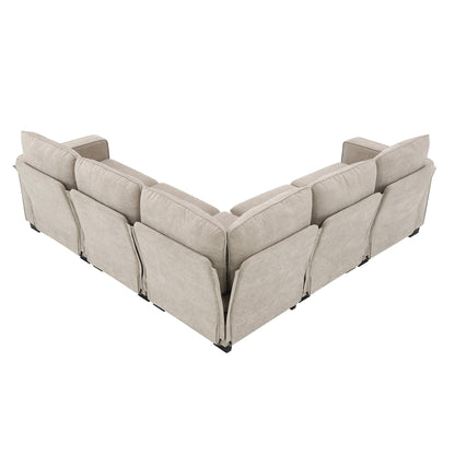 Divano componibile a L in velluto beige 89 a 5 posti con doppi cuscini, struttura in legno robusto e ferro