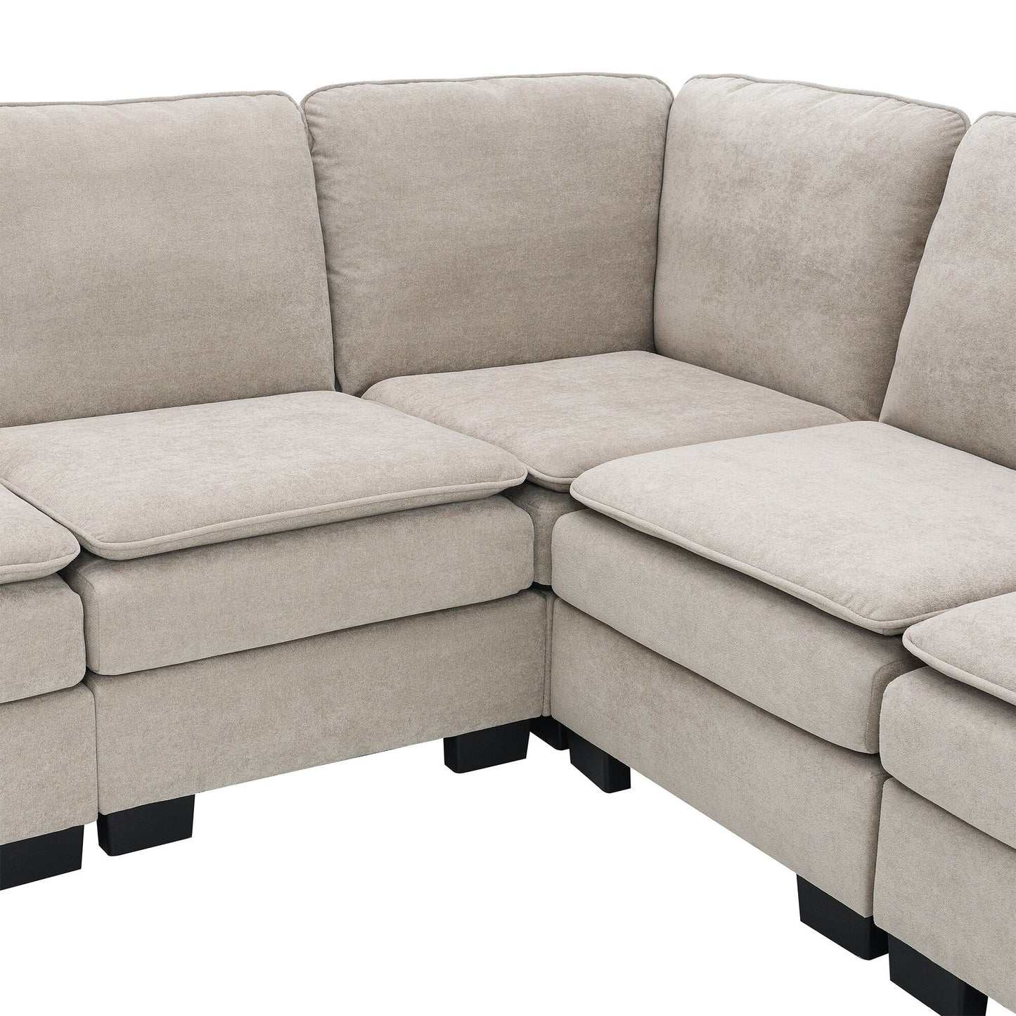 Divano componibile a L in velluto beige 89 a 5 posti con doppi cuscini, struttura in legno robusto e ferro