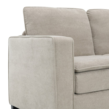 Divano componibile a L in velluto beige 89 a 5 posti con doppi cuscini, struttura in legno robusto e ferro