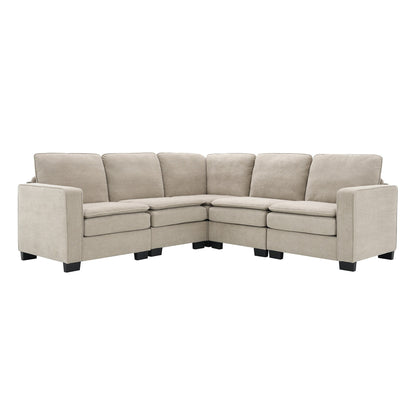 Divano componibile a L in velluto beige 89 a 5 posti con doppi cuscini, struttura in legno robusto e ferro