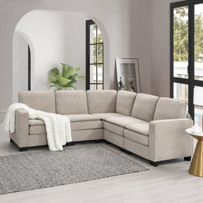 Divano componibile oversize a 5 posti a forma di L in velluto beige 89 con doppi cuscini per posti a sedere angolari