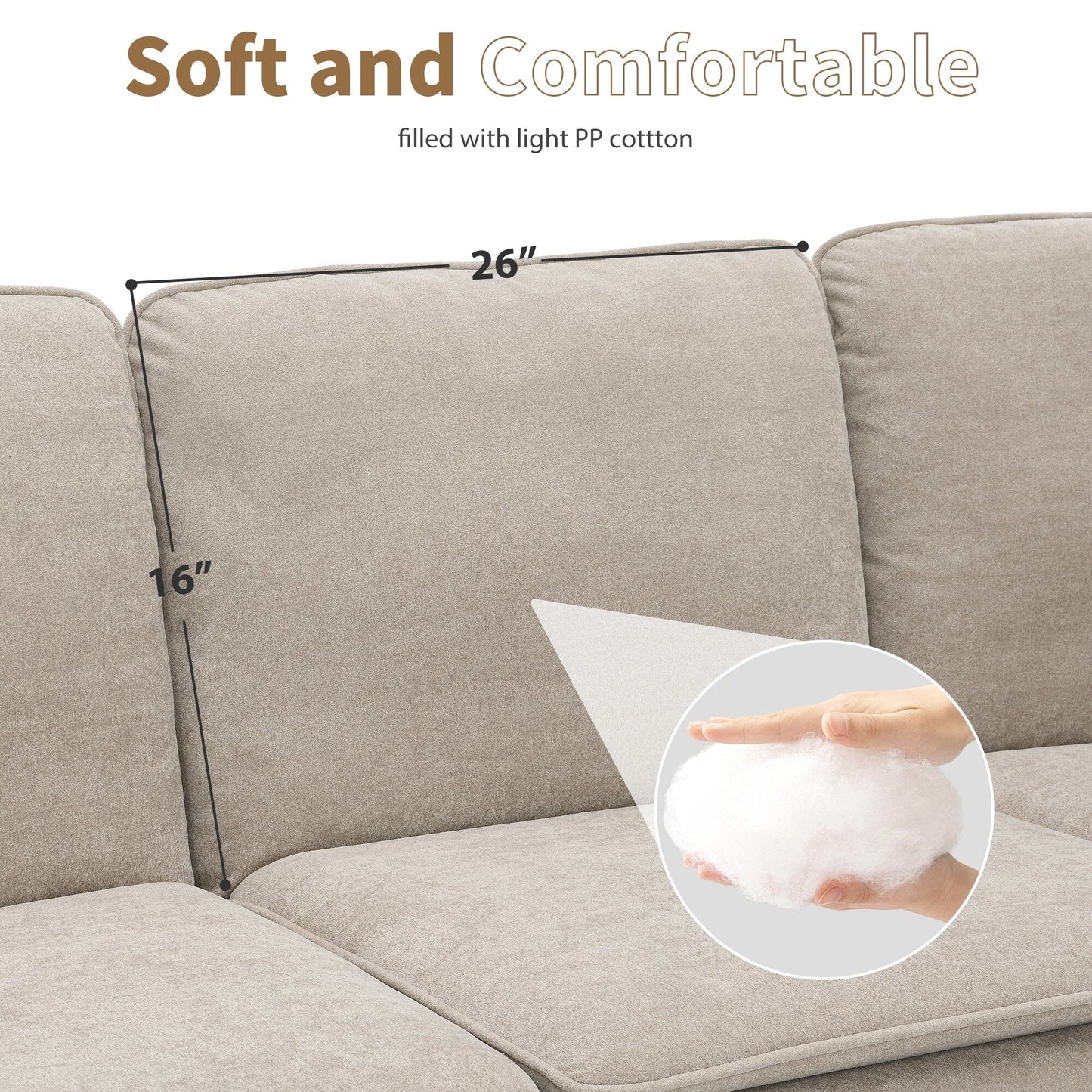 Divano componibile oversize a 5 posti a forma di L in velluto beige 89 con doppi cuscini per posti a sedere angolari