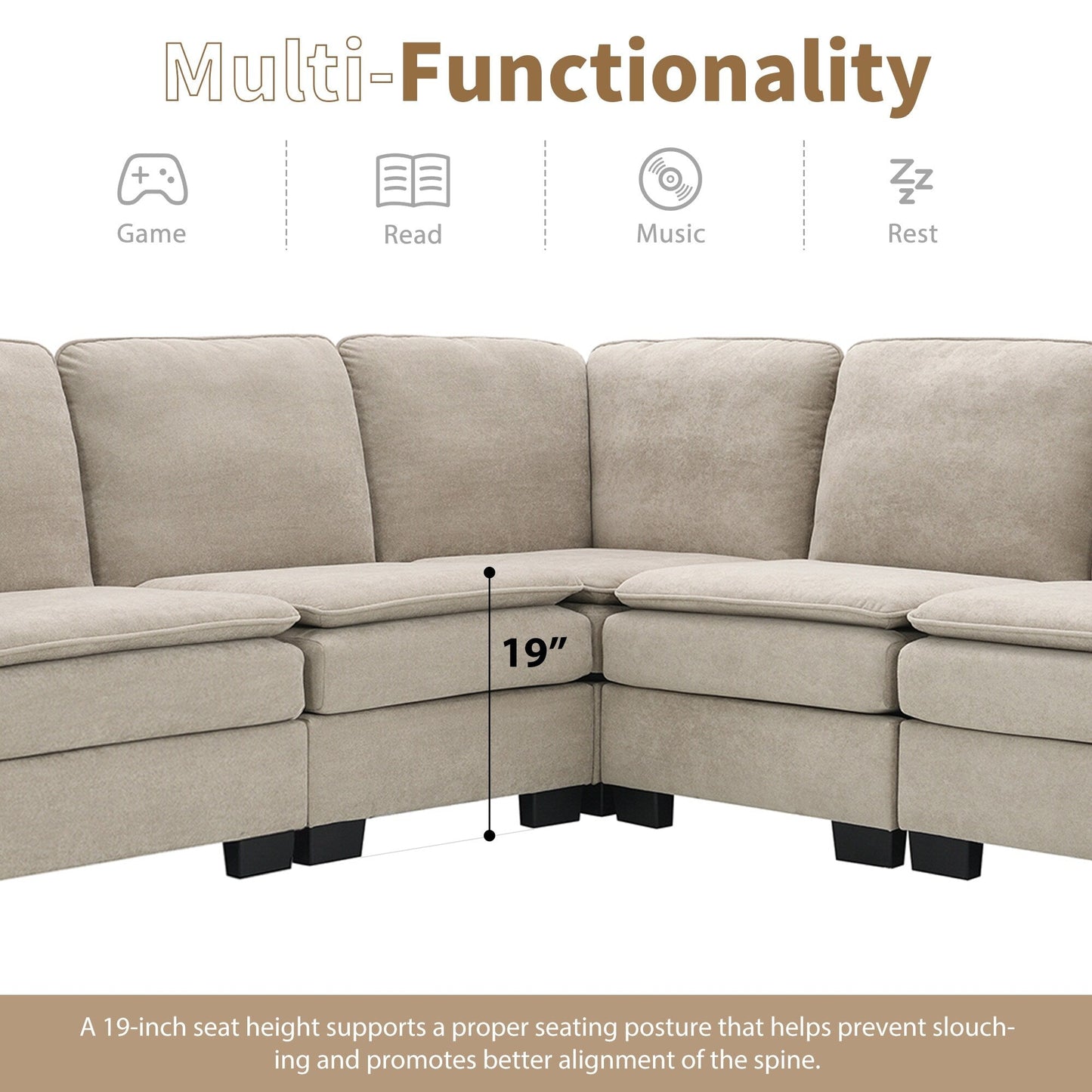Divano componibile a L in velluto beige da 89'' a 5 posti con doppi cuscini, struttura in legno robusto e ferro