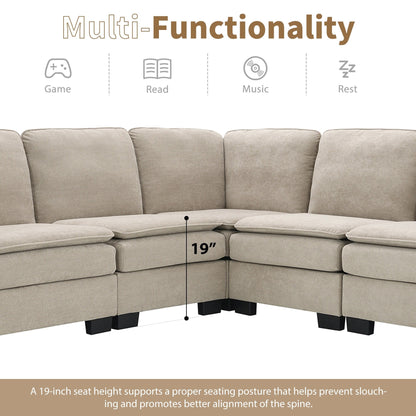 Divano componibile a L in velluto beige da 89'' a 5 posti con doppi cuscini, struttura in legno robusto e ferro