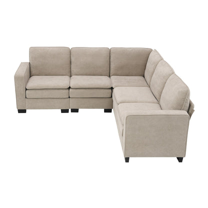 Divano componibile a L in velluto beige da 89'' a 5 posti con doppi cuscini, struttura in legno robusto e ferro