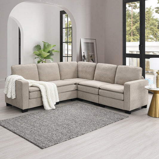 Divano componibile a L in velluto beige da 89'' a 5 posti con doppi cuscini, struttura in legno robusto e ferro
