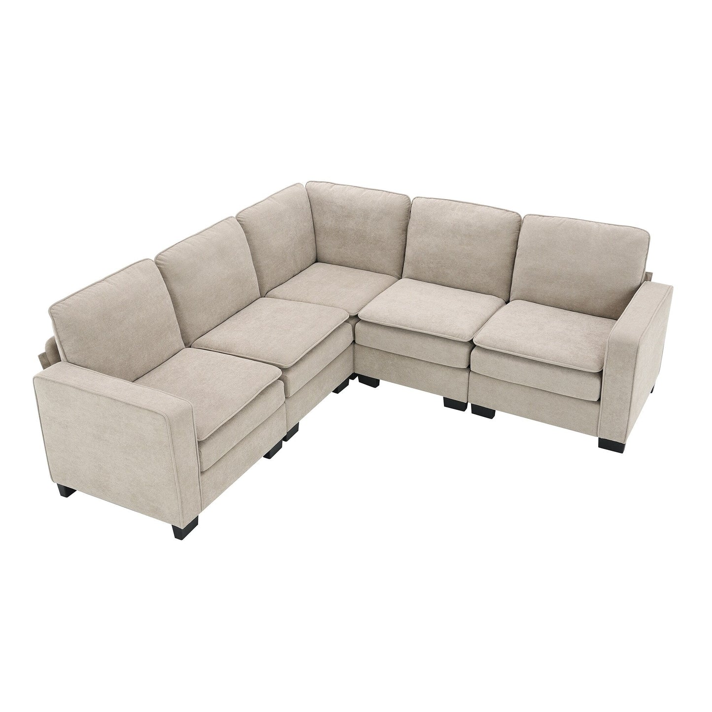 Divano componibile a L in velluto beige da 89'' a 5 posti con doppi cuscini, struttura in legno robusto e ferro