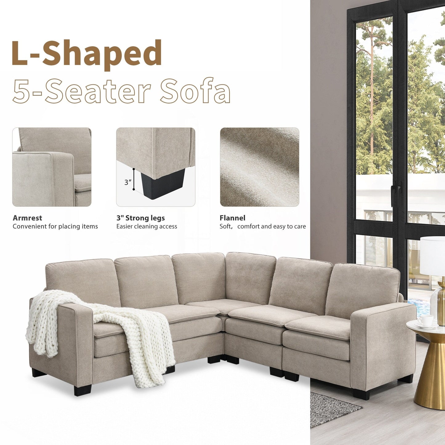 Divano componibile a L in velluto beige da 89'' a 5 posti con doppi cuscini, struttura in legno robusto e ferro