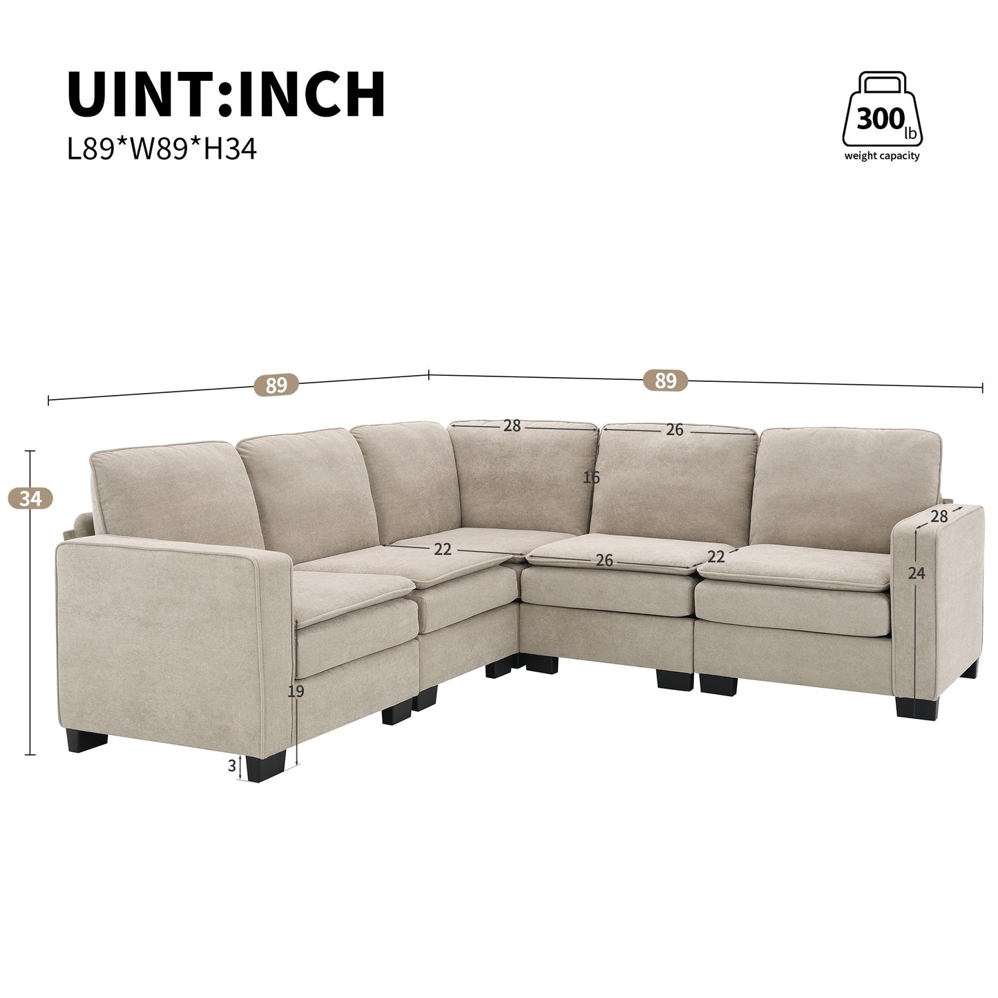 Divano componibile a L in velluto beige da 89'' a 5 posti con doppi cuscini