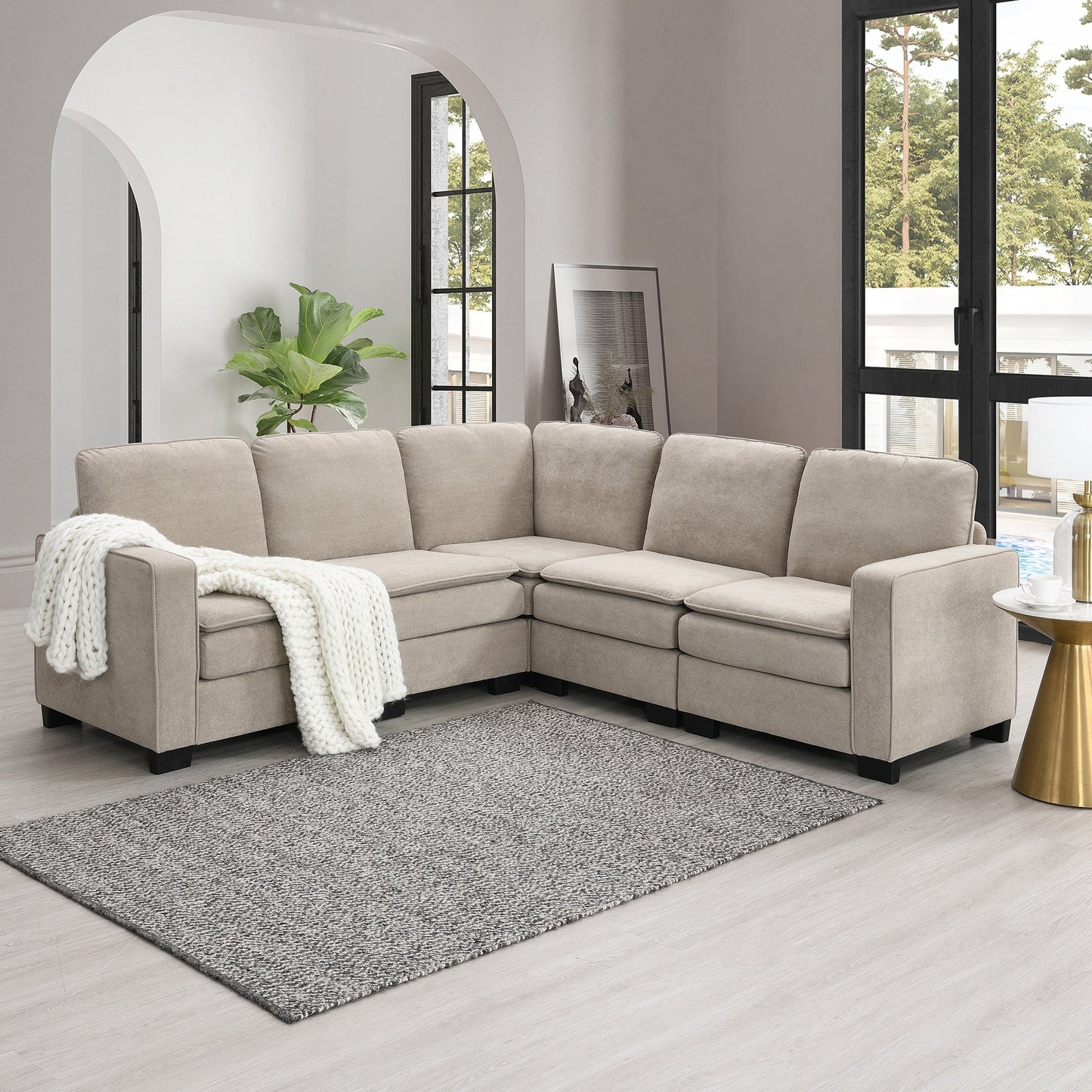 Divano componibile a L in velluto beige da 89'' a 5 posti con doppi cuscini