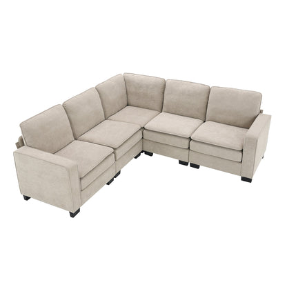 Divano componibile a L in velluto beige da 89'' a 5 posti con doppi cuscini