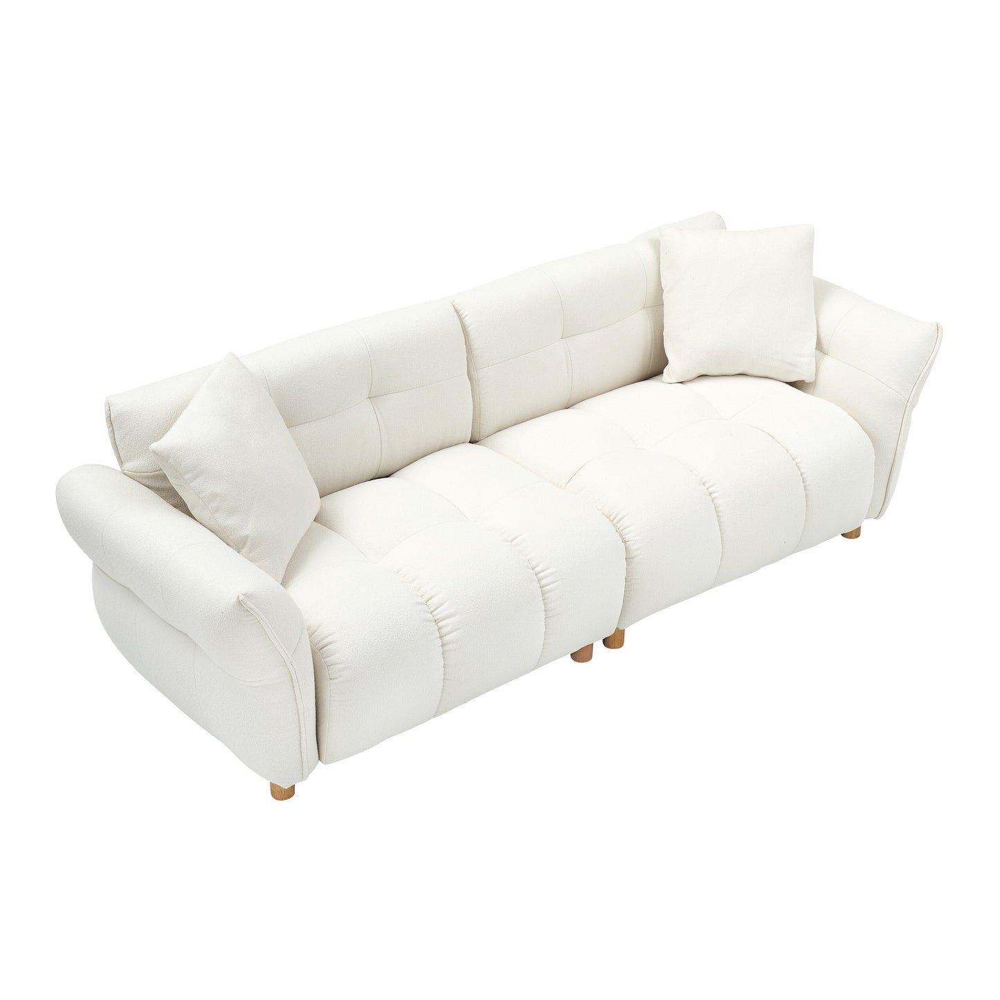 Divano a 3 posti rivestito in tessuto Teddy beige 93,70 con due cuscini coordinati per soggiorno