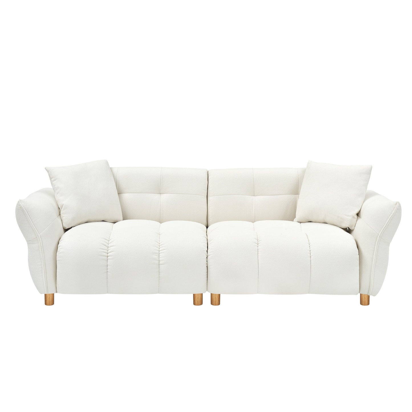 Divano a 3 posti rivestito in tessuto Teddy beige 93,70 con due cuscini coordinati per soggiorno