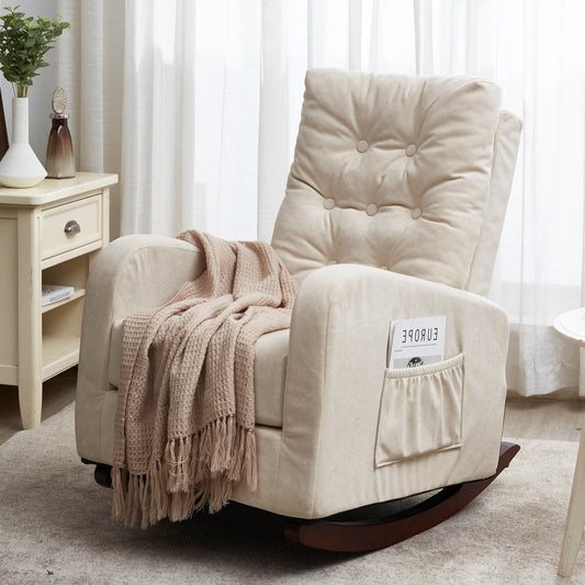 Poltrona reclinabile beige regolabile per balcone o tatami, con schienale alto, gambe in legno massello e tasche laterali portaoggetti