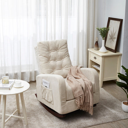 Poltrona reclinabile regolabile beige con gambe in legno massello, schienale alto e tasche laterali per il relax