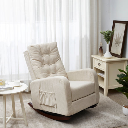 Poltrona reclinabile regolabile beige con gambe in legno massello, schienale alto e tasche laterali per il relax