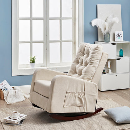 Poltrona reclinabile regolabile beige con gambe in legno massello, schienale alto e tasche laterali per il relax