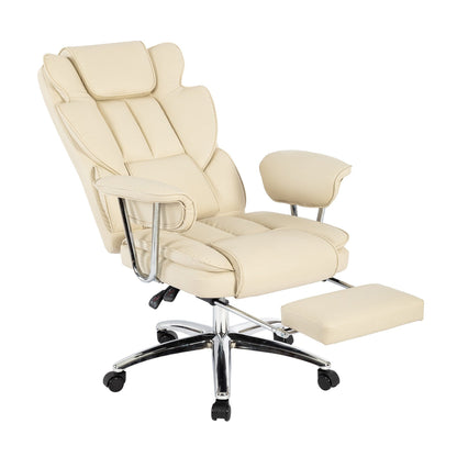 Poltrona reclinabile ergonomica da ufficio con schienale alto girevole a 360° in similpelle beige, supporto lombare, poggiapiedi, altezza regolabile