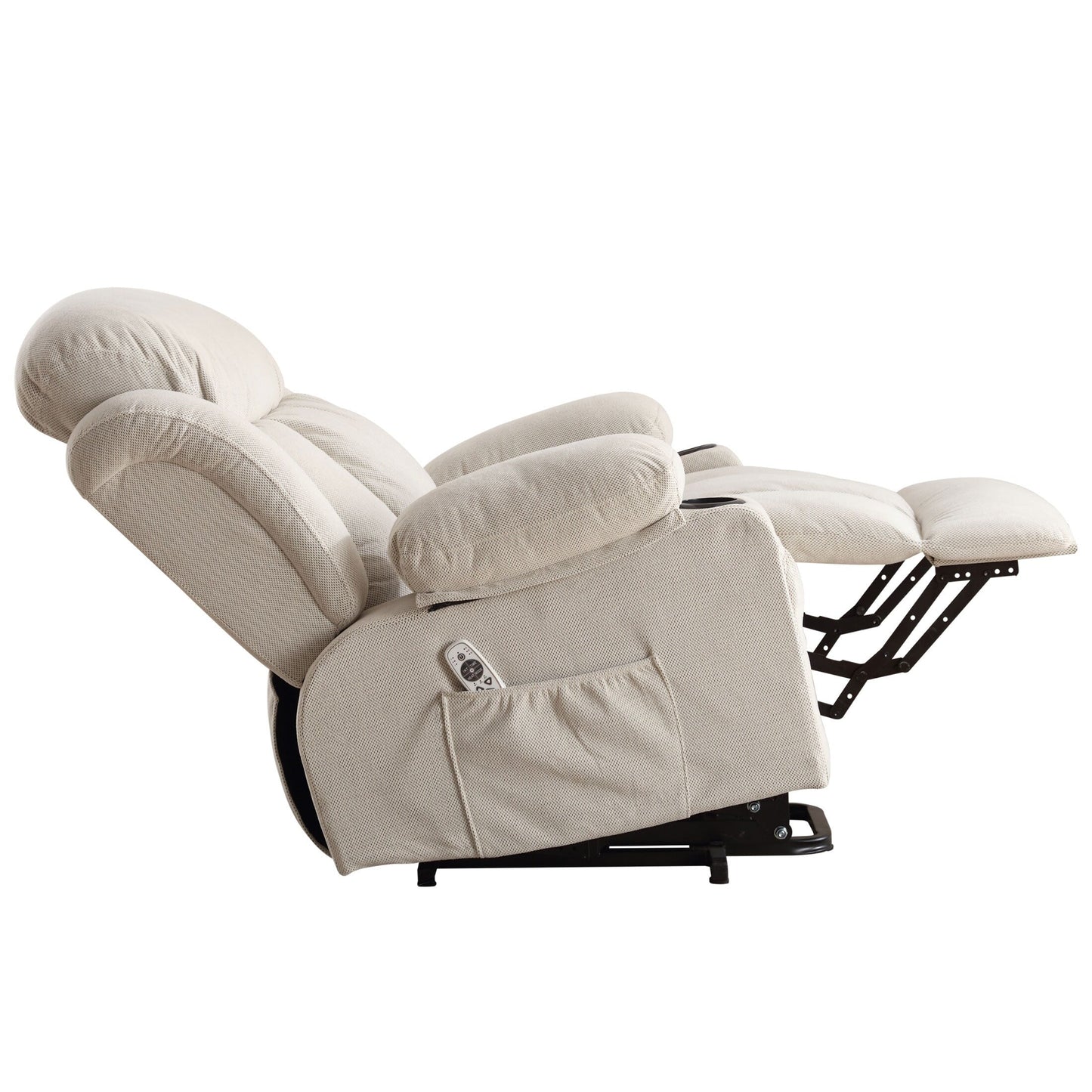 Poltrona reclinabile elettrica con massaggio, imbottita, in tessuto traspirante beige, di grandi dimensioni, con massaggio, riscaldamento lombare, 2 portabicchieri, porta USB