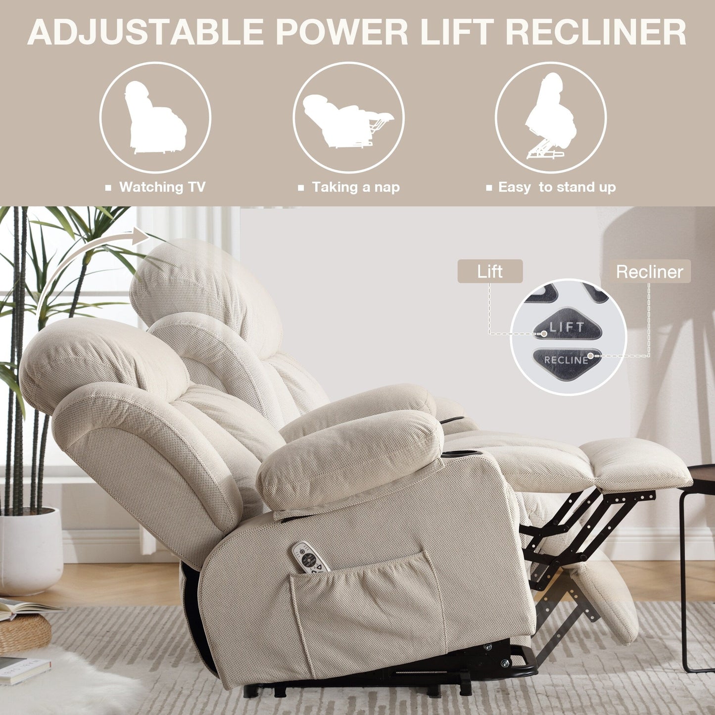 Poltrona reclinabile elettrica con massaggio, imbottita, in tessuto traspirante beige, di grandi dimensioni, con massaggio, riscaldamento lombare, 2 portabicchieri, porta USB