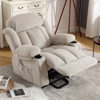 Poltrona reclinabile elettrica con massaggio, imbottita, in tessuto traspirante beige, di grandi dimensioni, con massaggio, riscaldamento lombare, 2 portabicchieri, porta USB