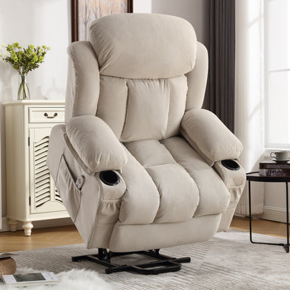 Poltrona reclinabile elettrica con massaggio, imbottita, in tessuto traspirante beige, di grandi dimensioni, con massaggio, riscaldamento lombare, 2 portabicchieri, porta USB