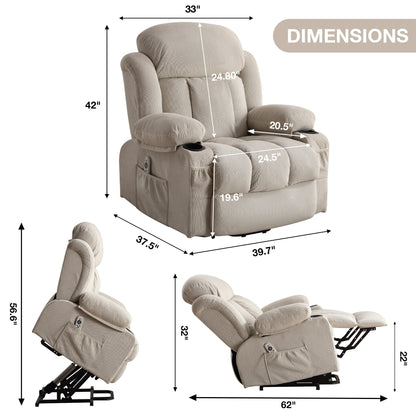 Poltrona reclinabile elettrica con massaggio, imbottita, in tessuto traspirante beige, di grandi dimensioni, con massaggio, riscaldamento lombare, 2 portabicchieri, porta USB