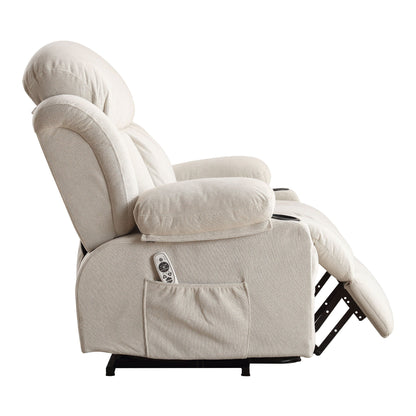 Poltrona reclinabile elettrica con massaggio, imbottita, in tessuto traspirante beige, di grandi dimensioni, con massaggio, riscaldamento lombare, 2 portabicchieri, porta USB