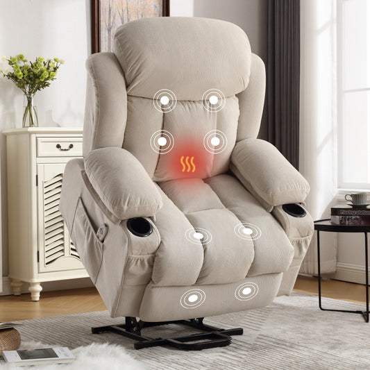 Poltrona reclinabile elettrica con massaggio, imbottita, in tessuto traspirante beige, di grandi dimensioni, con massaggio, riscaldamento lombare, 2 portabicchieri, porta USB