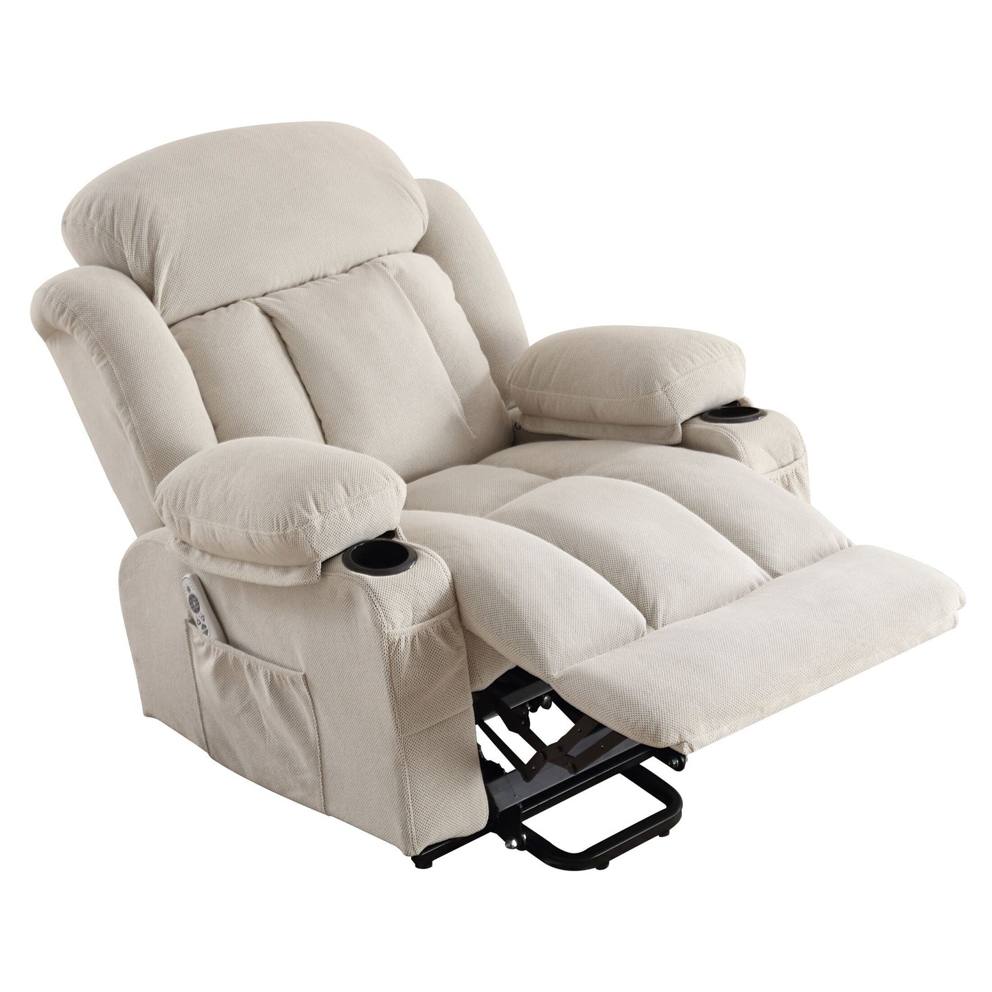 Poltrona reclinabile elettrica con massaggio, imbottita, in tessuto traspirante beige, di grandi dimensioni, con massaggio, riscaldamento lombare, 2 portabicchieri, porta USB