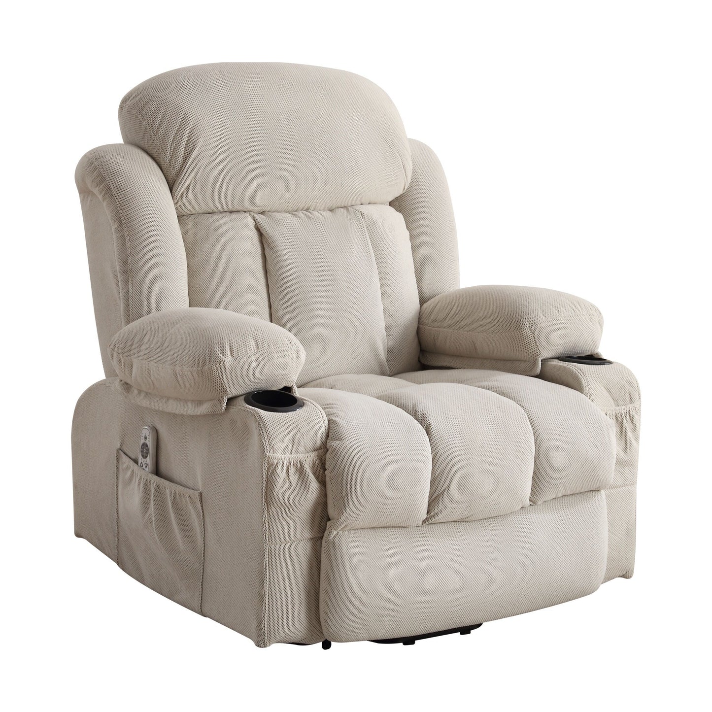 Poltrona reclinabile elettrica con massaggio, imbottita, in tessuto traspirante beige, di grandi dimensioni, con massaggio, riscaldamento lombare, 2 portabicchieri, porta USB
