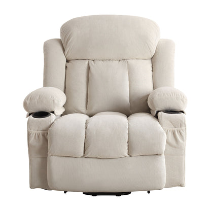 Poltrona reclinabile elettrica con massaggio, imbottita, in tessuto traspirante beige, di grandi dimensioni, con massaggio, riscaldamento lombare, 2 portabicchieri, porta USB