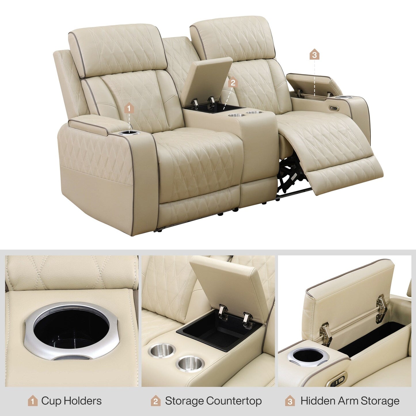 Set di divani reclinabili da soggiorno in pelle traspirante beige da 3 pezzi