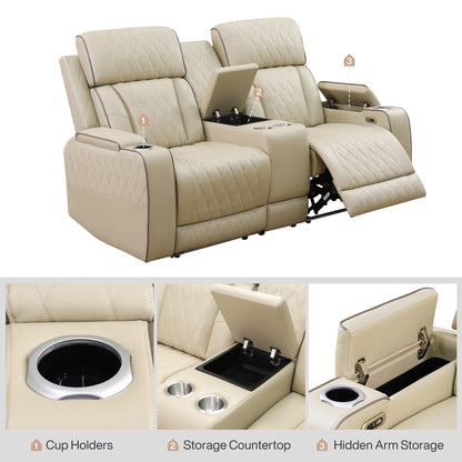 Set di divani reclinabili da soggiorno in pelle traspirante beige da 3 pezzi