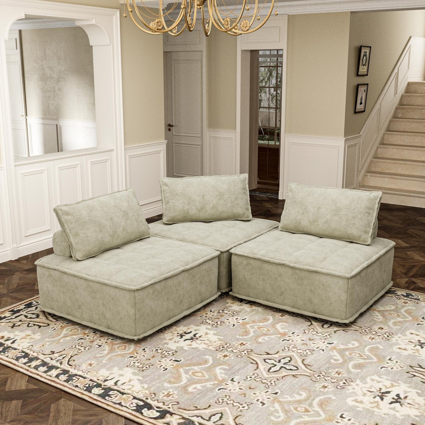 Set di divani modulari in ciniglia beige da 3 pezzi