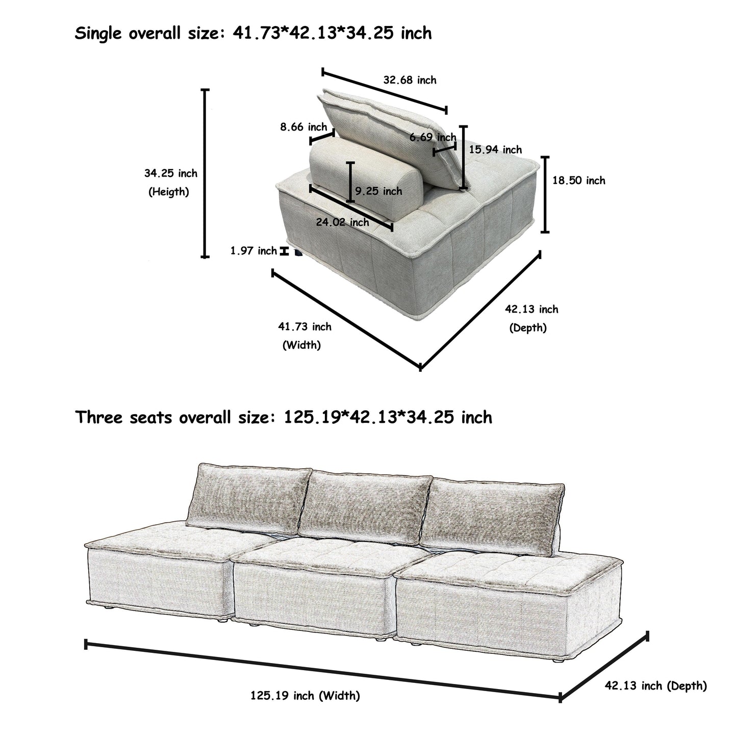Set di divani modulari in ciniglia beige da 3 pezzi