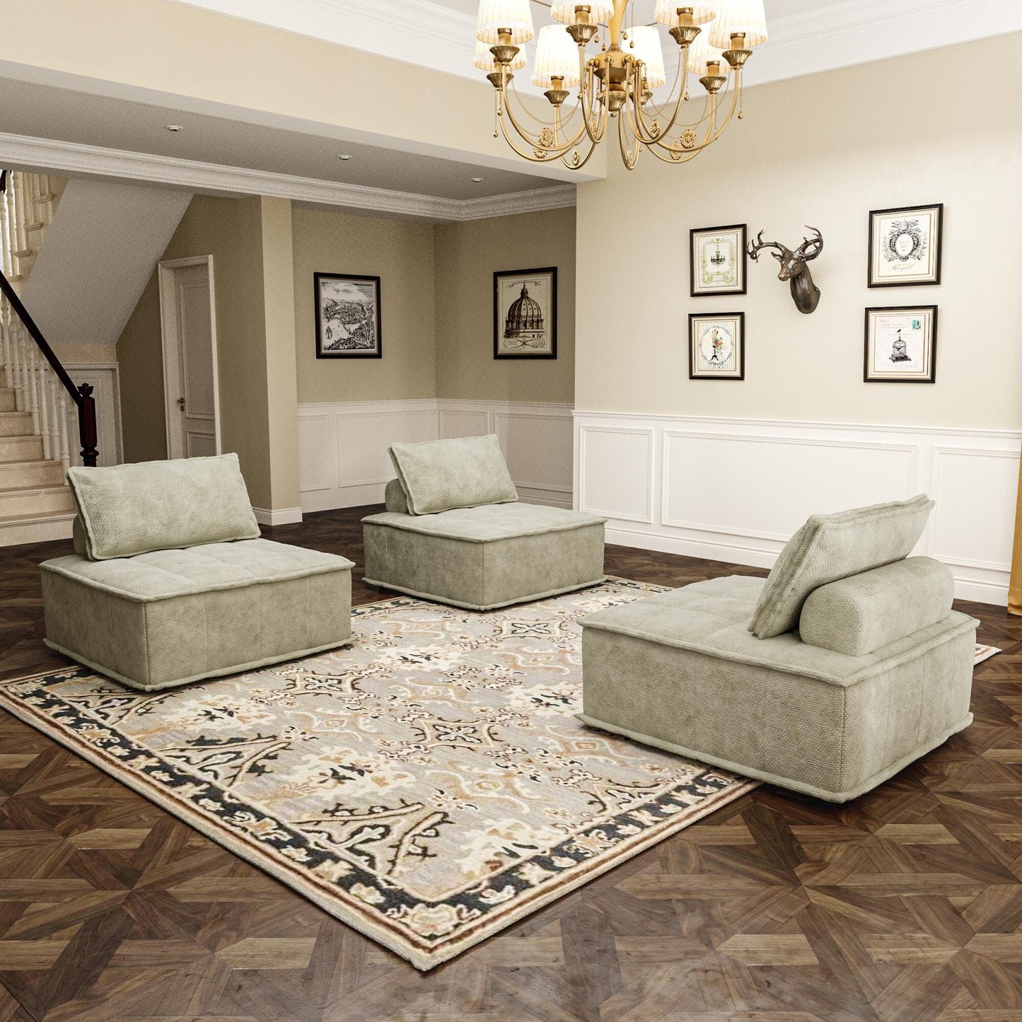 Set di divani modulari in ciniglia beige da 3 pezzi