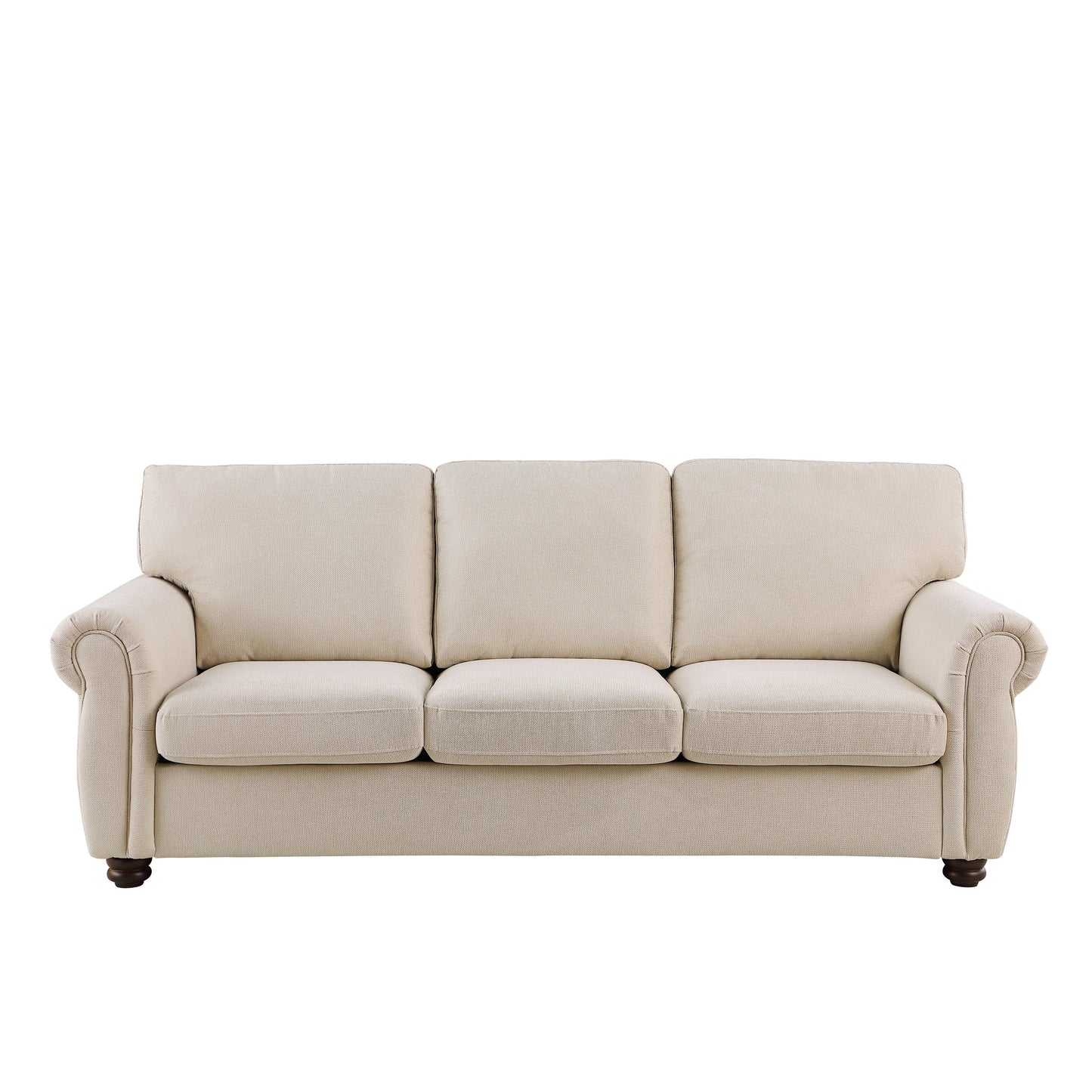 Divano a 3 posti in ciniglia beige con braccioli arrotolati