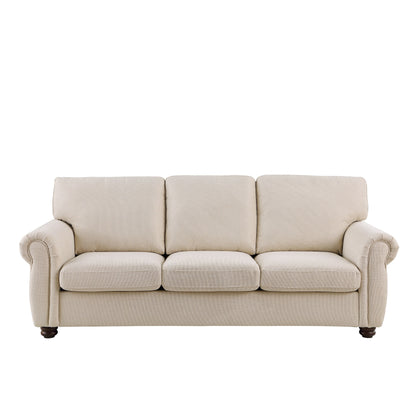 Divano a 3 posti in ciniglia beige con braccioli arrotolati