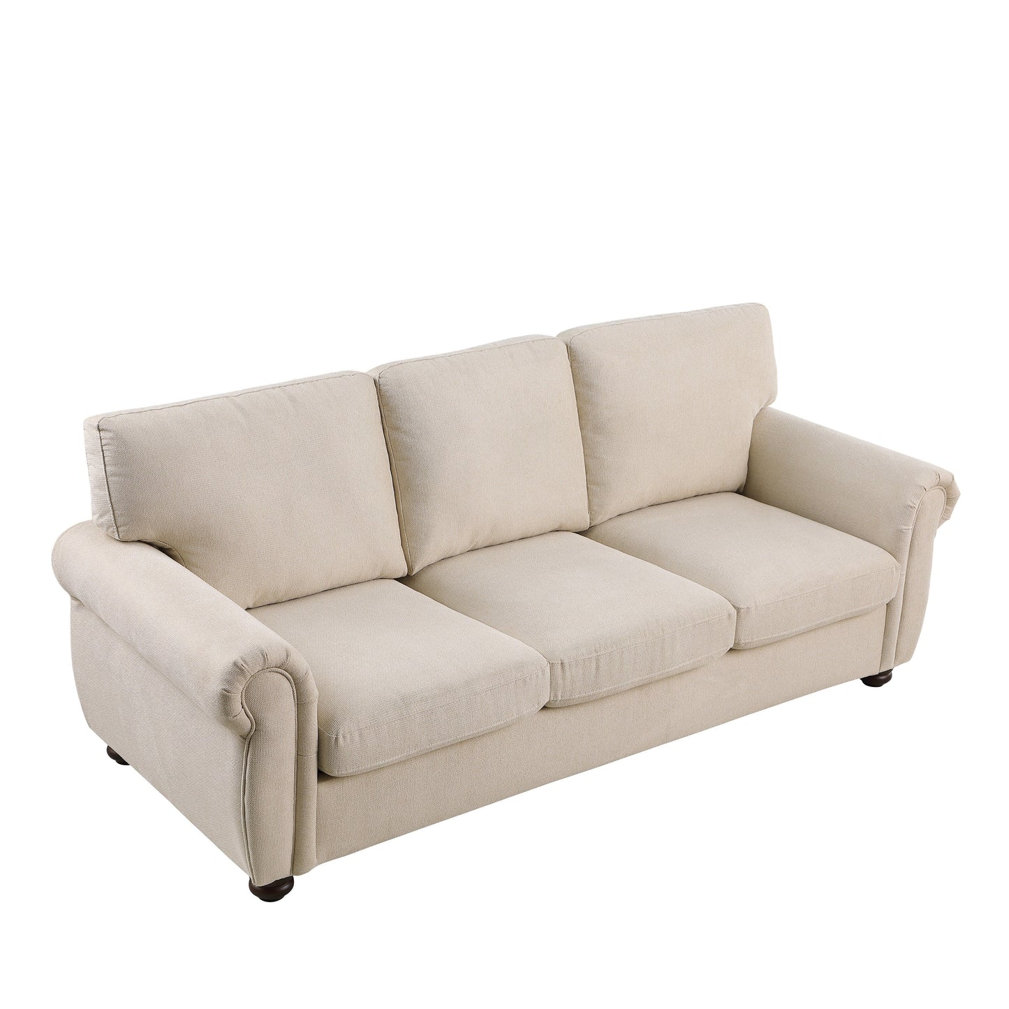Divano a 3 posti in ciniglia beige con braccioli arrotolati