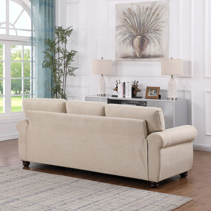 Divano a 3 posti in ciniglia beige con braccioli arrotolati
