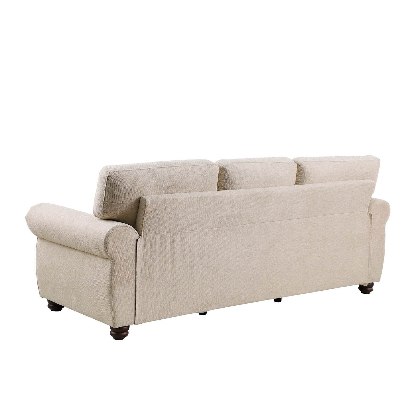 Divano a 3 posti in ciniglia beige con braccioli arrotolati
