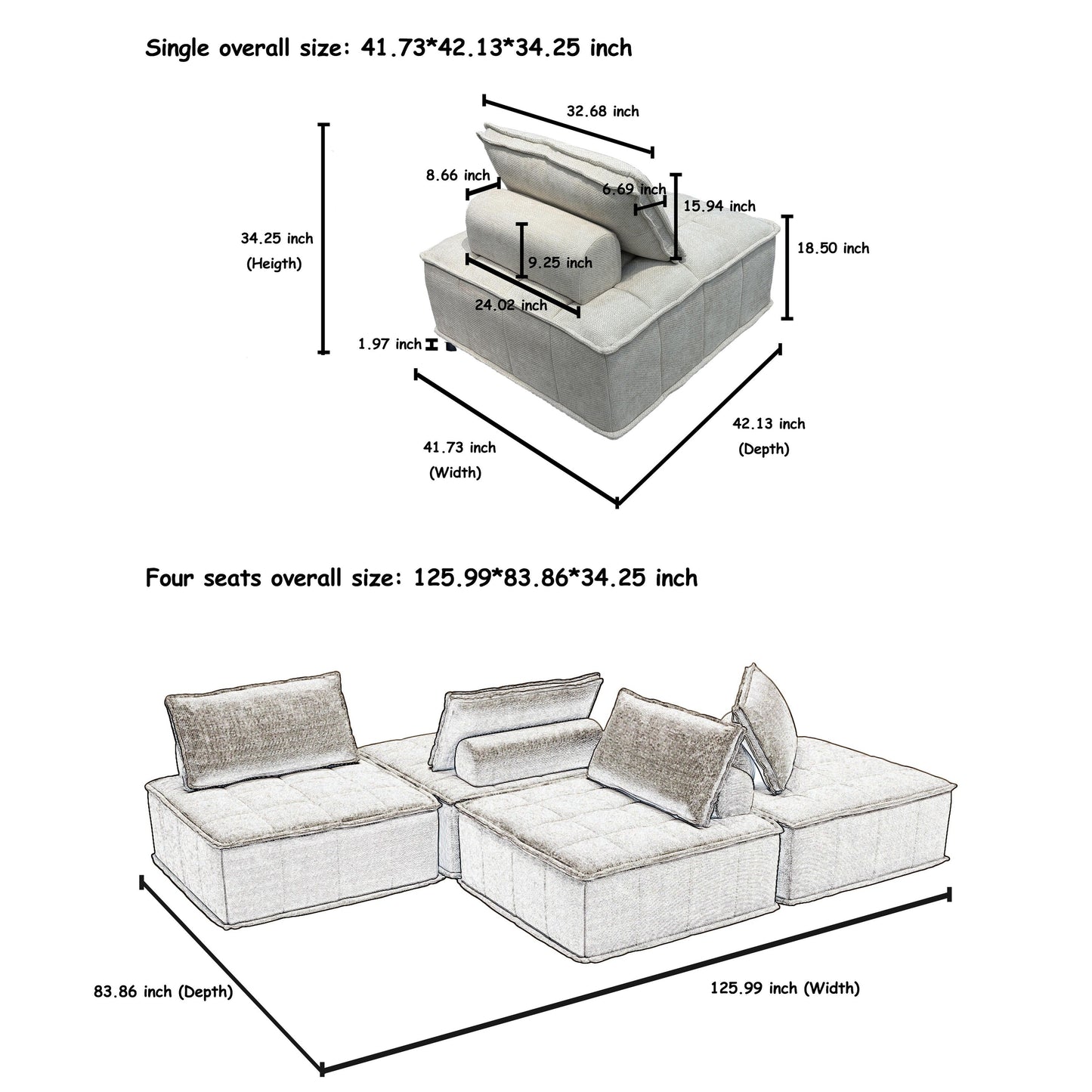 Set di divani modulari in ciniglia beige da 4 pezzi