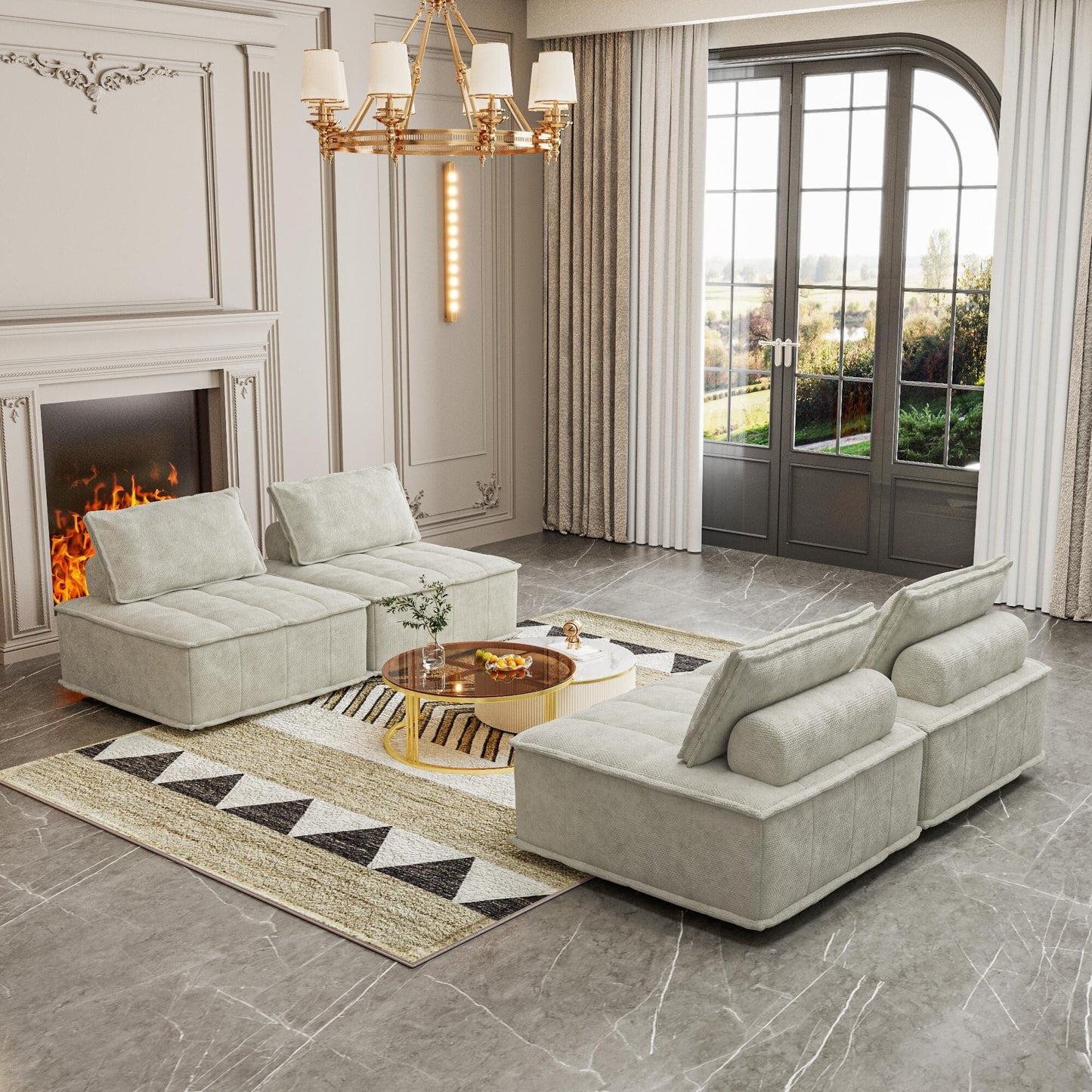 Set di divani modulari in ciniglia beige da 4 pezzi