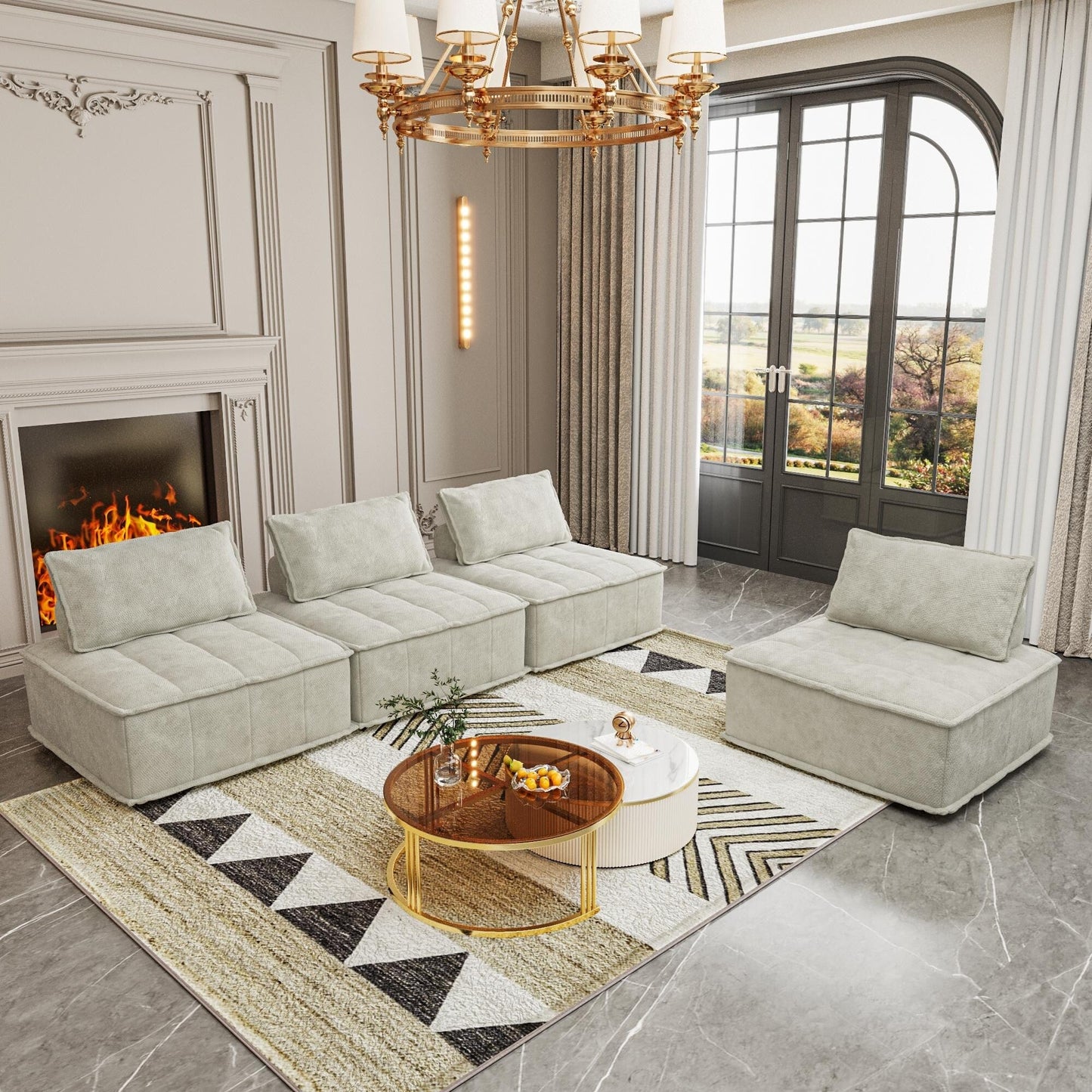 Set di divani modulari in ciniglia beige da 4 pezzi