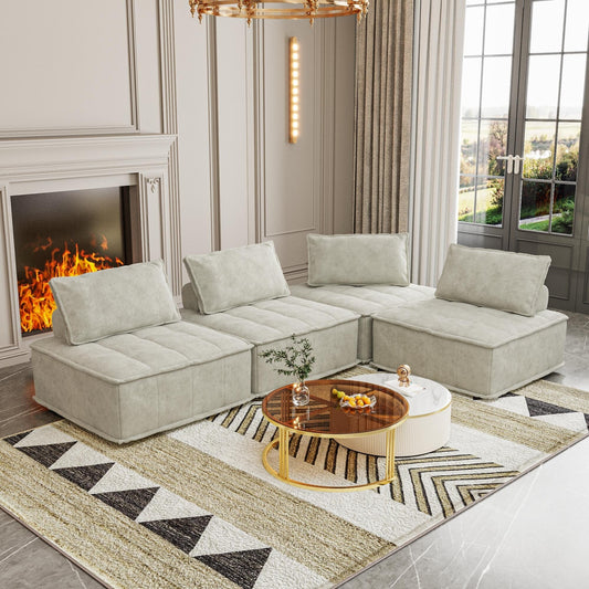 Set di divani modulari in ciniglia beige da 4 pezzi