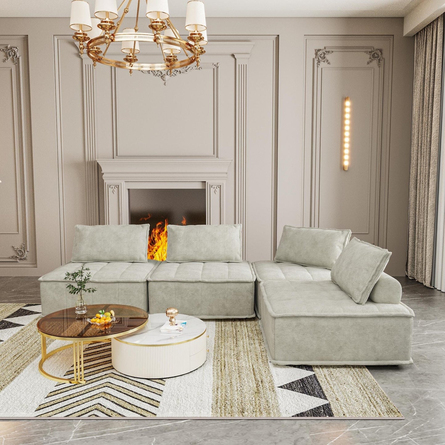 Set di divani modulari in ciniglia beige da 4 pezzi