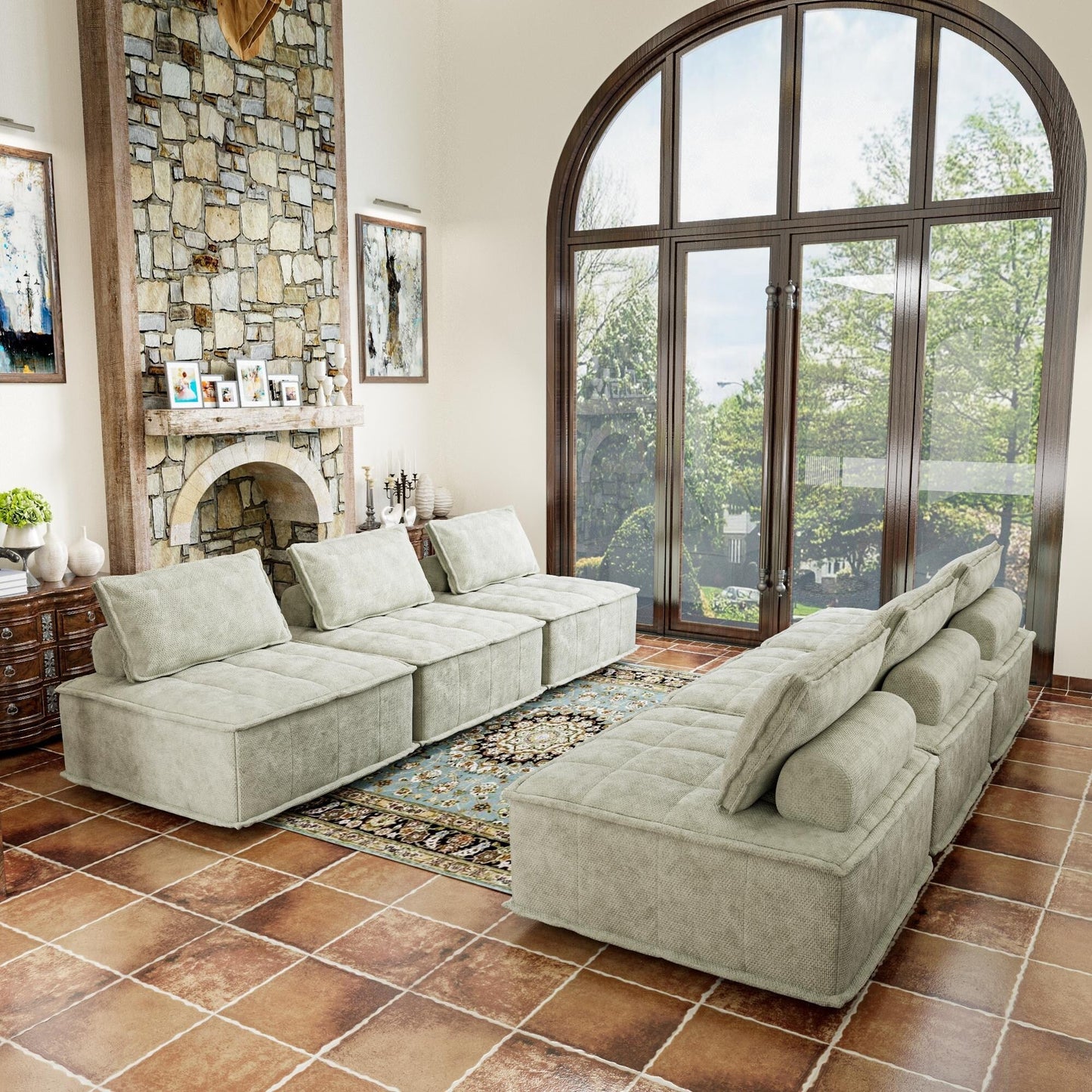 Set di divani modulari in ciniglia beige da 6 pezzi