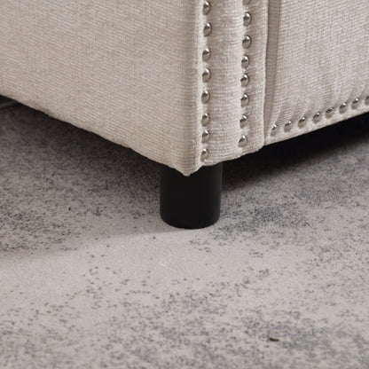 Divano a due posti in ciniglia beige con tasca e borchie